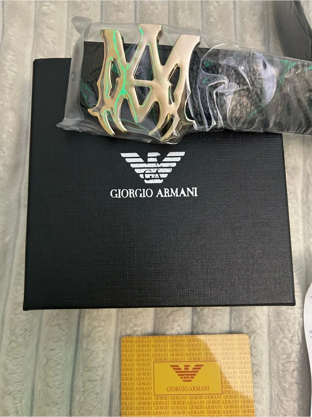 Giorgio Armani Black Leather Belt with Gold Interlocking Logo Buckle